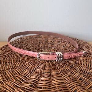 VTG Brighton Skinny Pink Belt Sz 36 XL Croc Leather Silver Embossed Floral 90’s